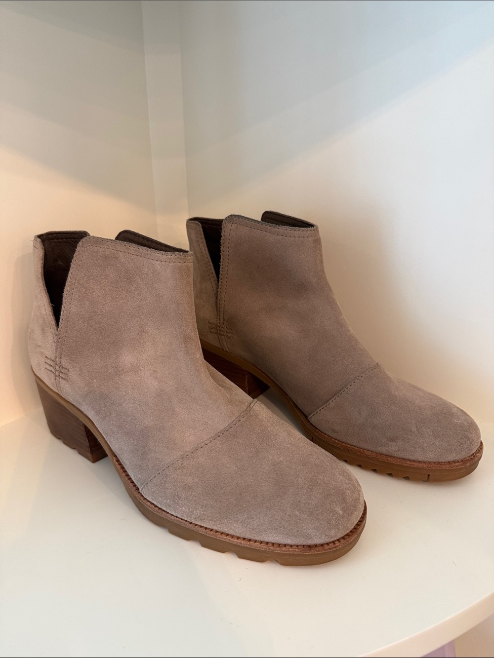 Sorel Cate Cut-Out Taupe Suede Ankle Booties